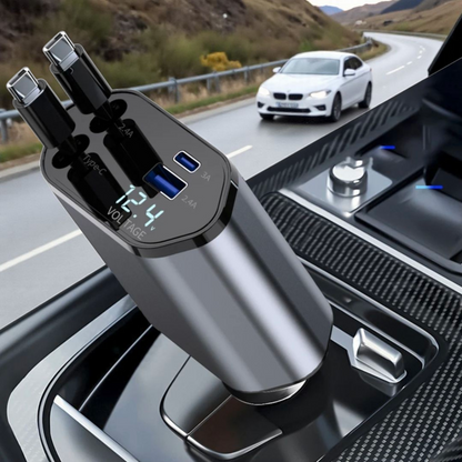 Car charger with multiple ports on a car dashboard, with a scenic road in the background.