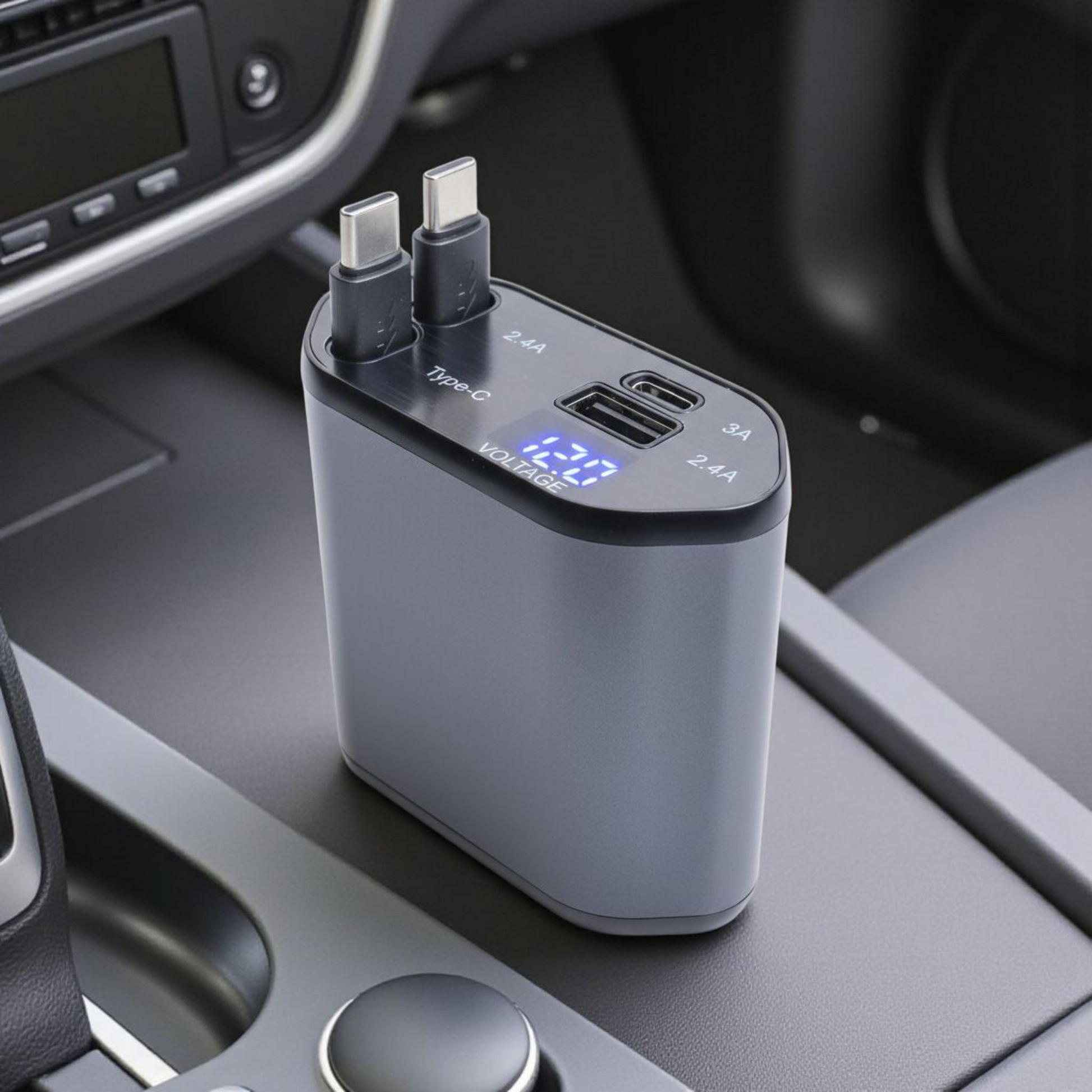 Multi-port charger with digital display on a car dashboard